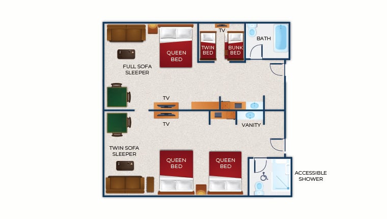 The floorplan for the Accessible Shower Deluxe Kid Cabin Queen Suite