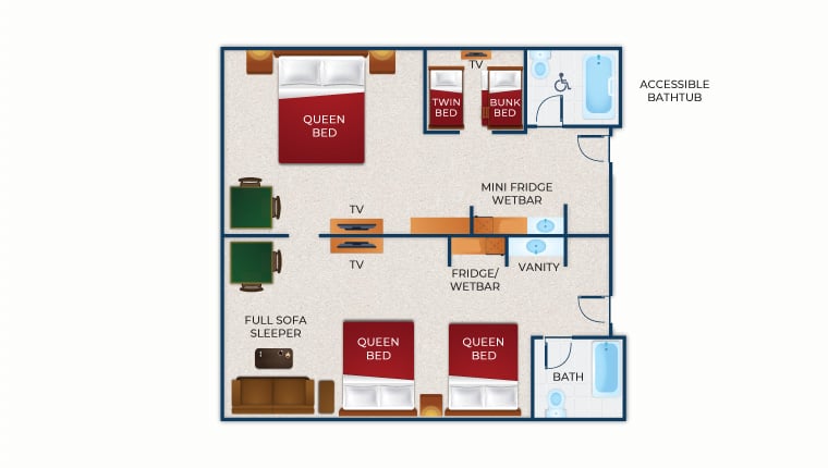 The floorplan for the Accessible Bathtub Deluxe KidCabin Suite