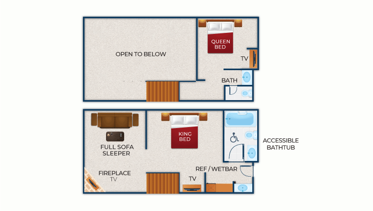 The floor plan for the Loft Fireplace Suite
