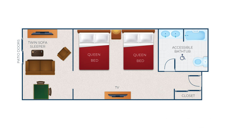 The floor plan for the Deluxe Family Accessible Bathtub Suite