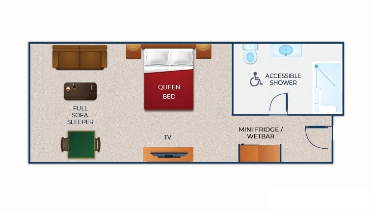 The floorplan for the Queen Sofa Suite (Accessible) at Great Wolf Lodge Niagara Falls, ON.