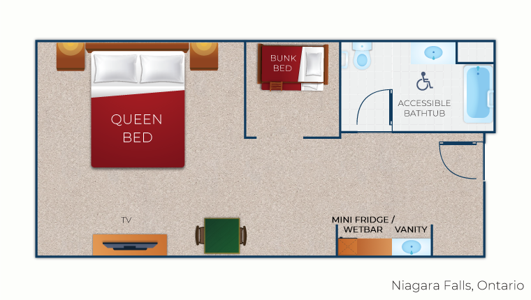 The floorplan for the Wolf Den Suite (Accessible) at Great Wolf Lodge Niagara Falls, ON.
