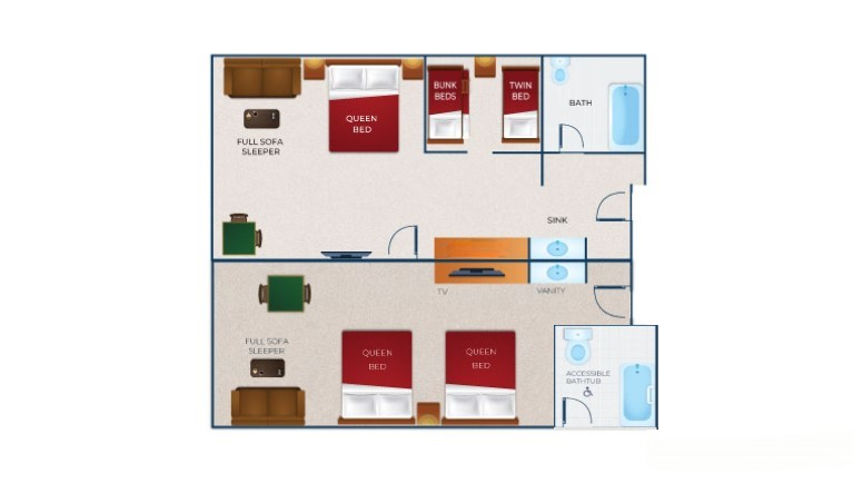 The floorplan of the Deluxe Queen KidCabin Suite Accessible Shower