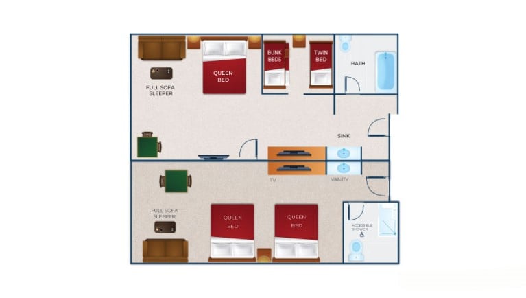 The floorplan of the Deluxe Queen KidCabin Suite Accessible Shower