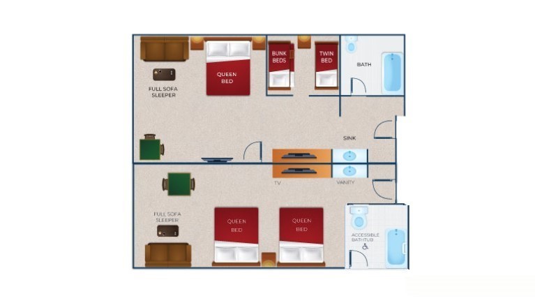 The floorplan for the Deluxe Wolf Den Suite (Accessible Bathtub)