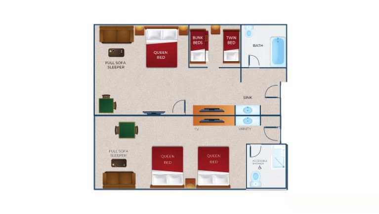 The floorplan for the Deluxe Wolf Den Suite (Accessible Shower)