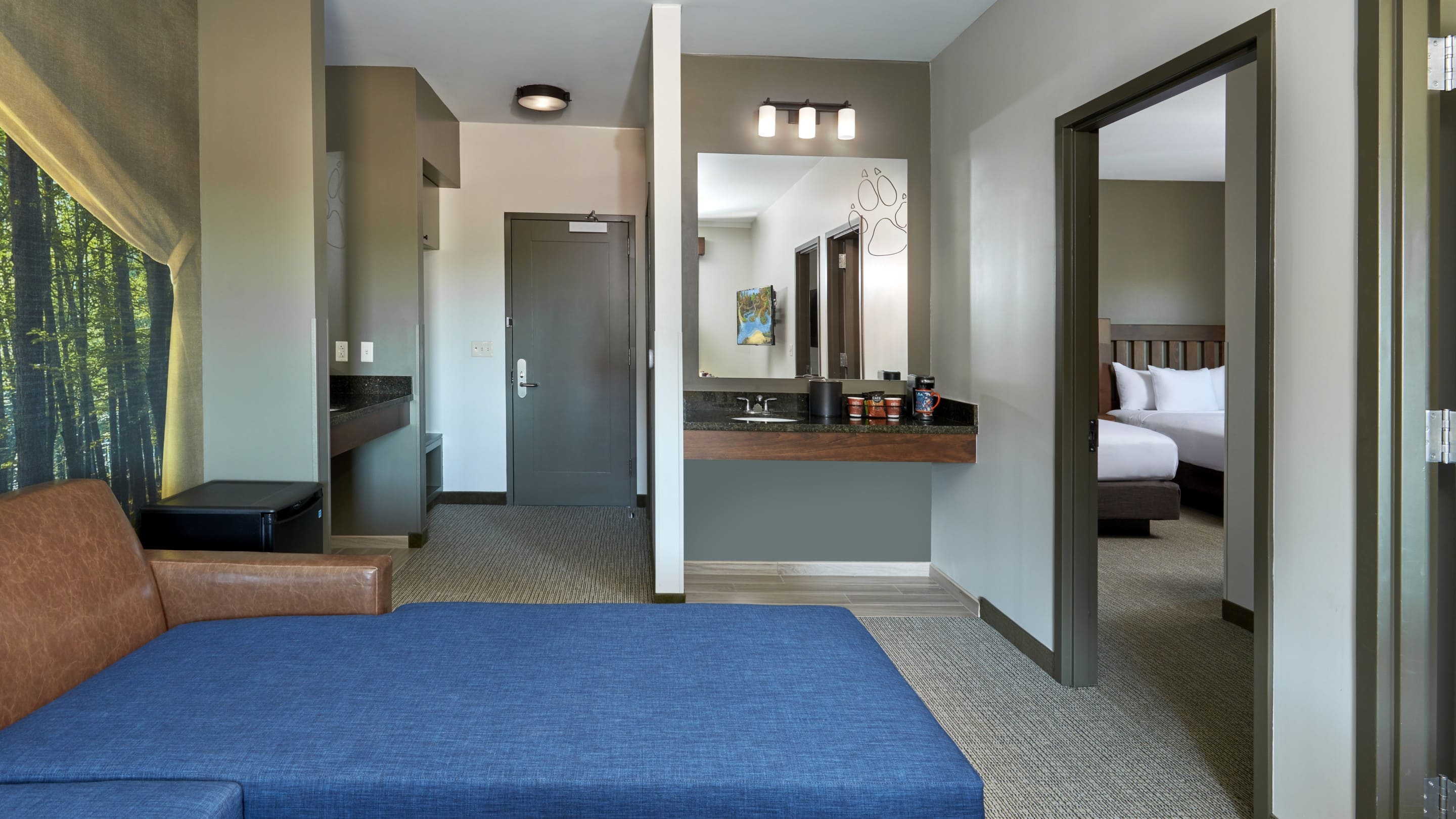 The vanity area in the accessible Grizzly Bear Suite