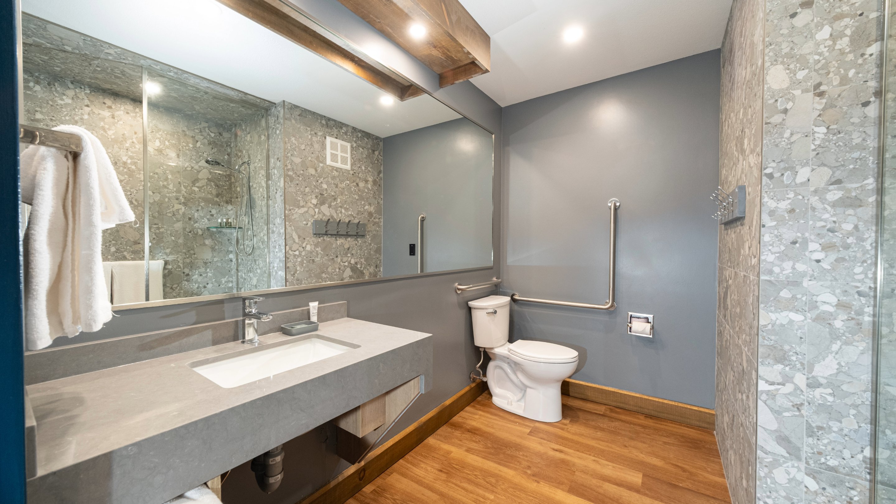 View of the accessible bathroom in the Loft suite