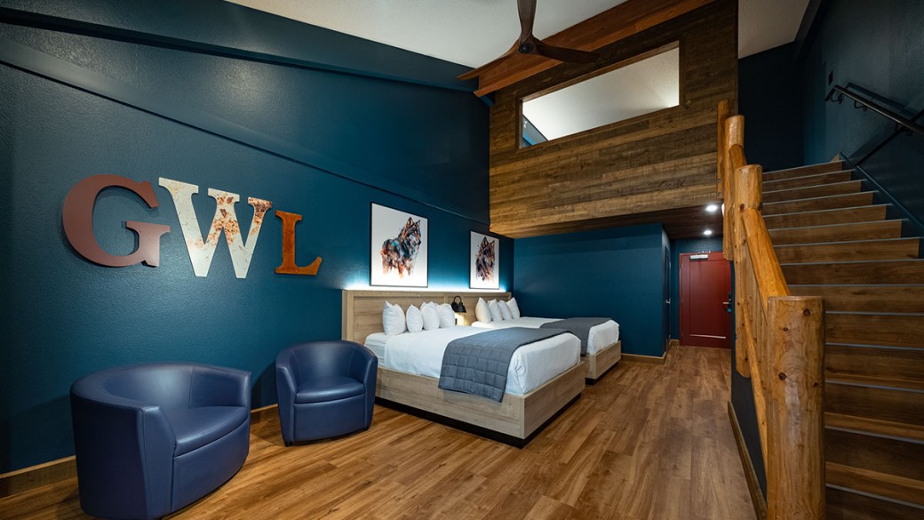 The view of the suite in the Accessible Loft Fireplace Suite 