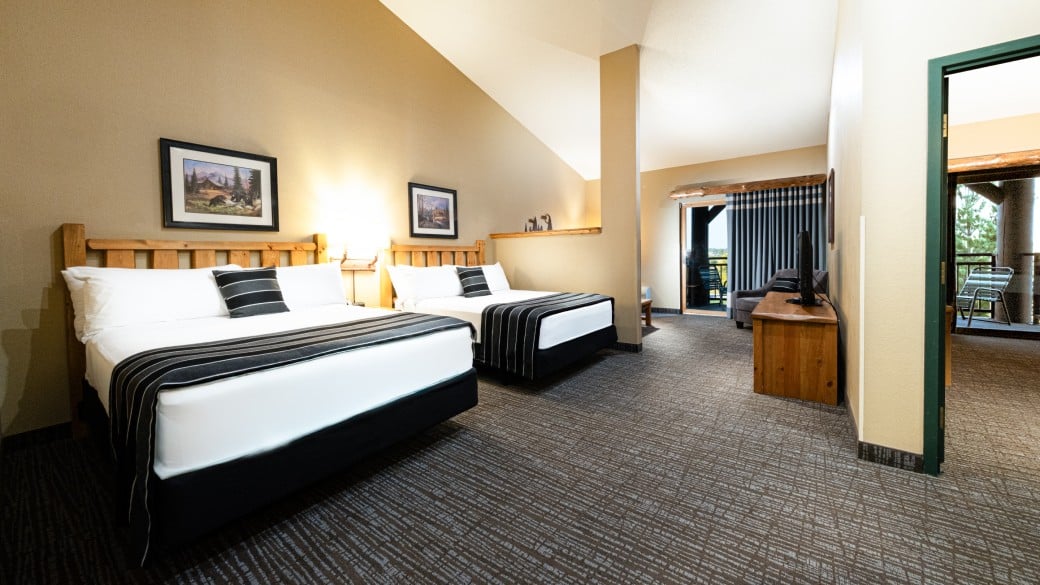 Queen beds at the Majestic Bear Suite at Great Wolf Lodge Niagara Falls, ON.