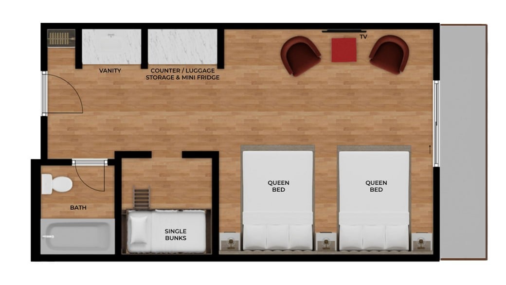 The floorplan for the Deluxe Wolf Den Suite (Balcony/Patio)
