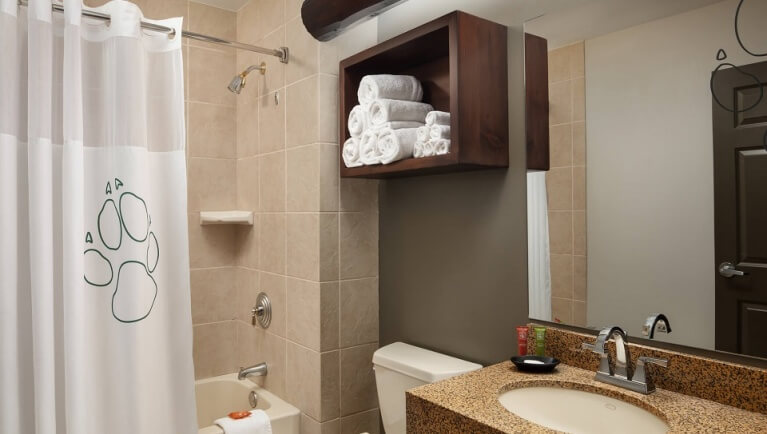 The bathroom in the Whirlpool Fireplace Suite