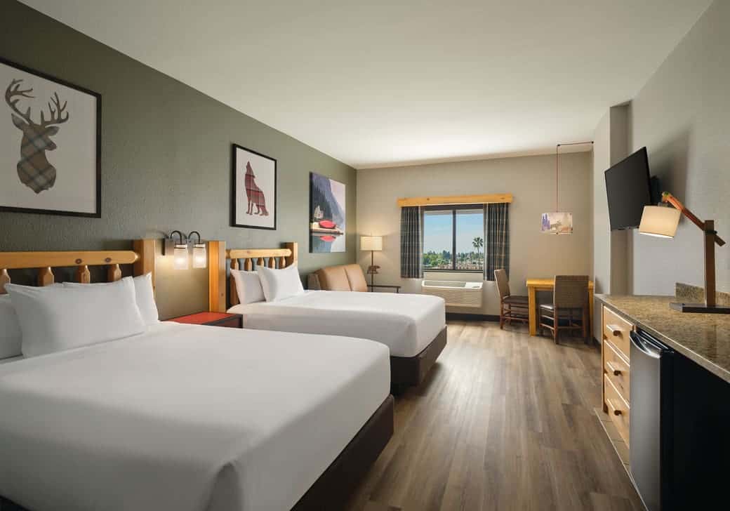 The two queen beds in the Grand Bear Suite