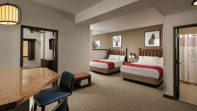 The living space and beds in the Majestic Bear Suite (Balcony/Patio)