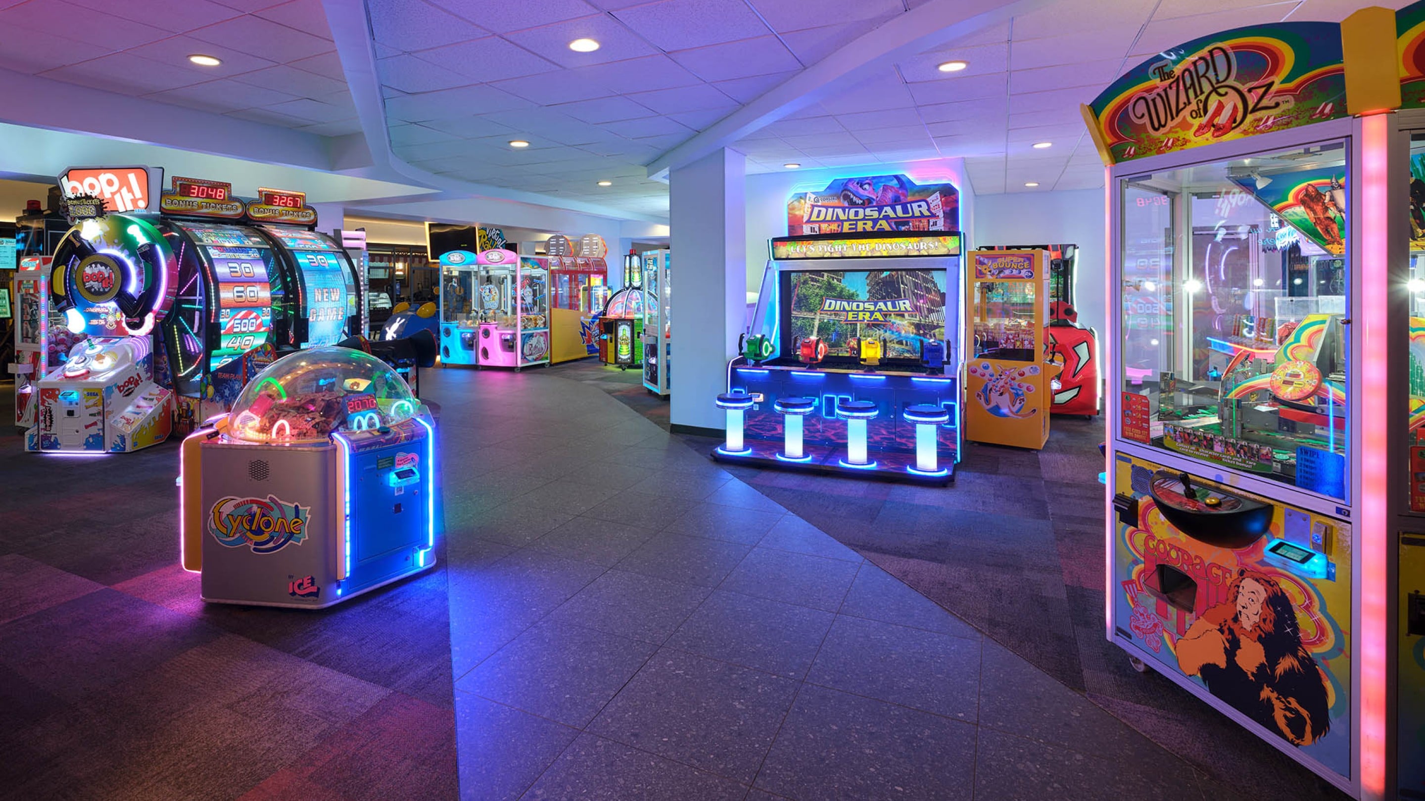 Arcade with neon prize machines