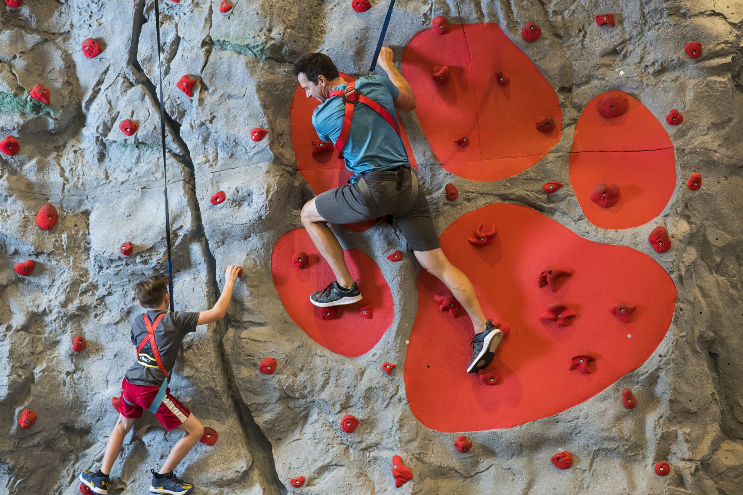 Boy and his father climbing indoor rock wall together