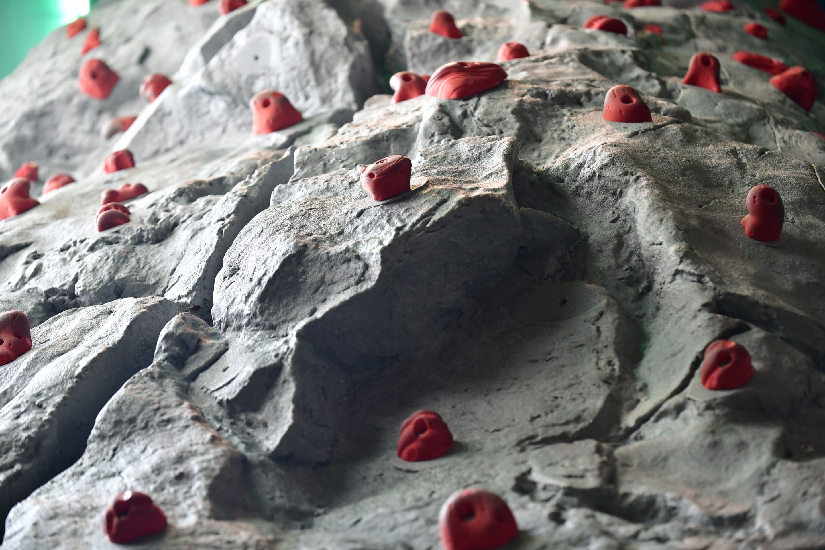 Close-up of indoor climbing wall with red holds on gray rock surface