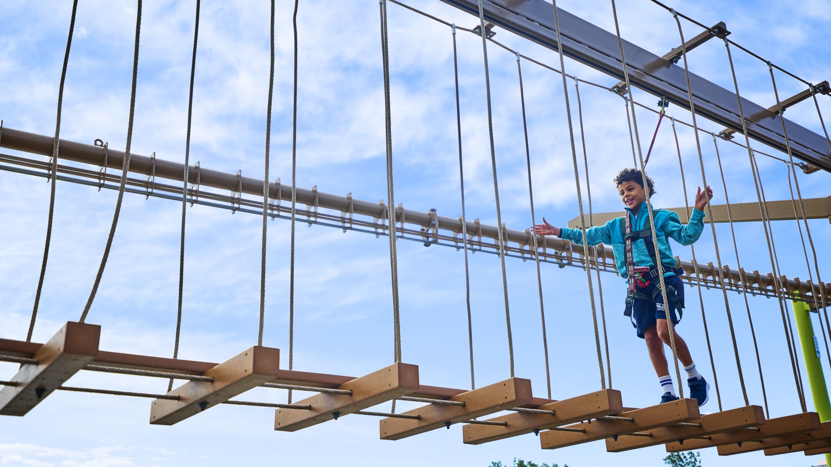 Boy in harness crossing rope bridge outdoors.