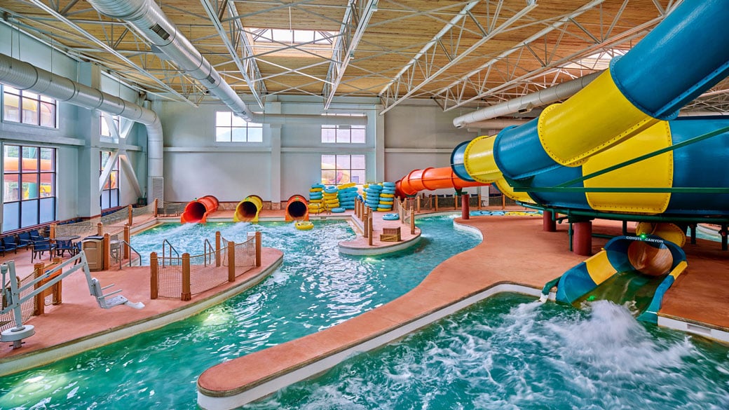 Aerial view of the Coyote Cannon ride at Great Wolf Lodge indoor water park and resort.
