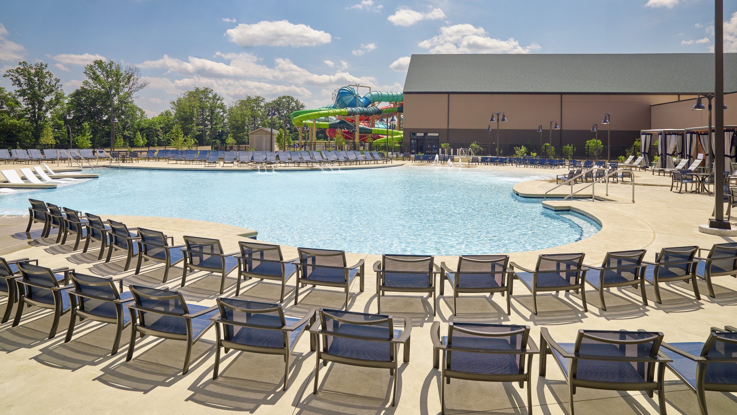 wide shot of outdoor lazy river pool
