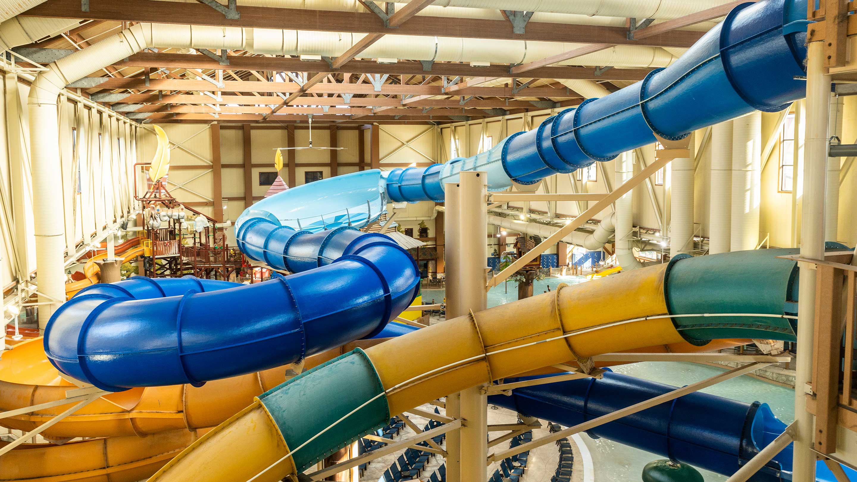 A view of the indoor water slides from above.