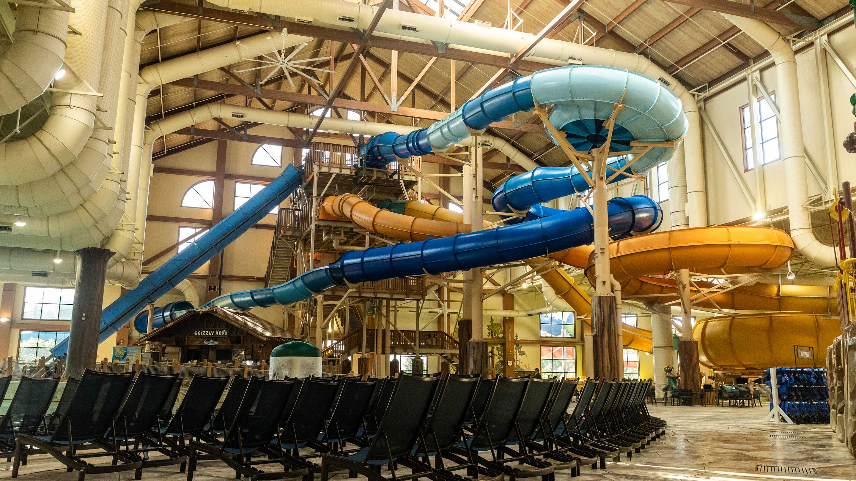 A view looking up at the indoor water slides