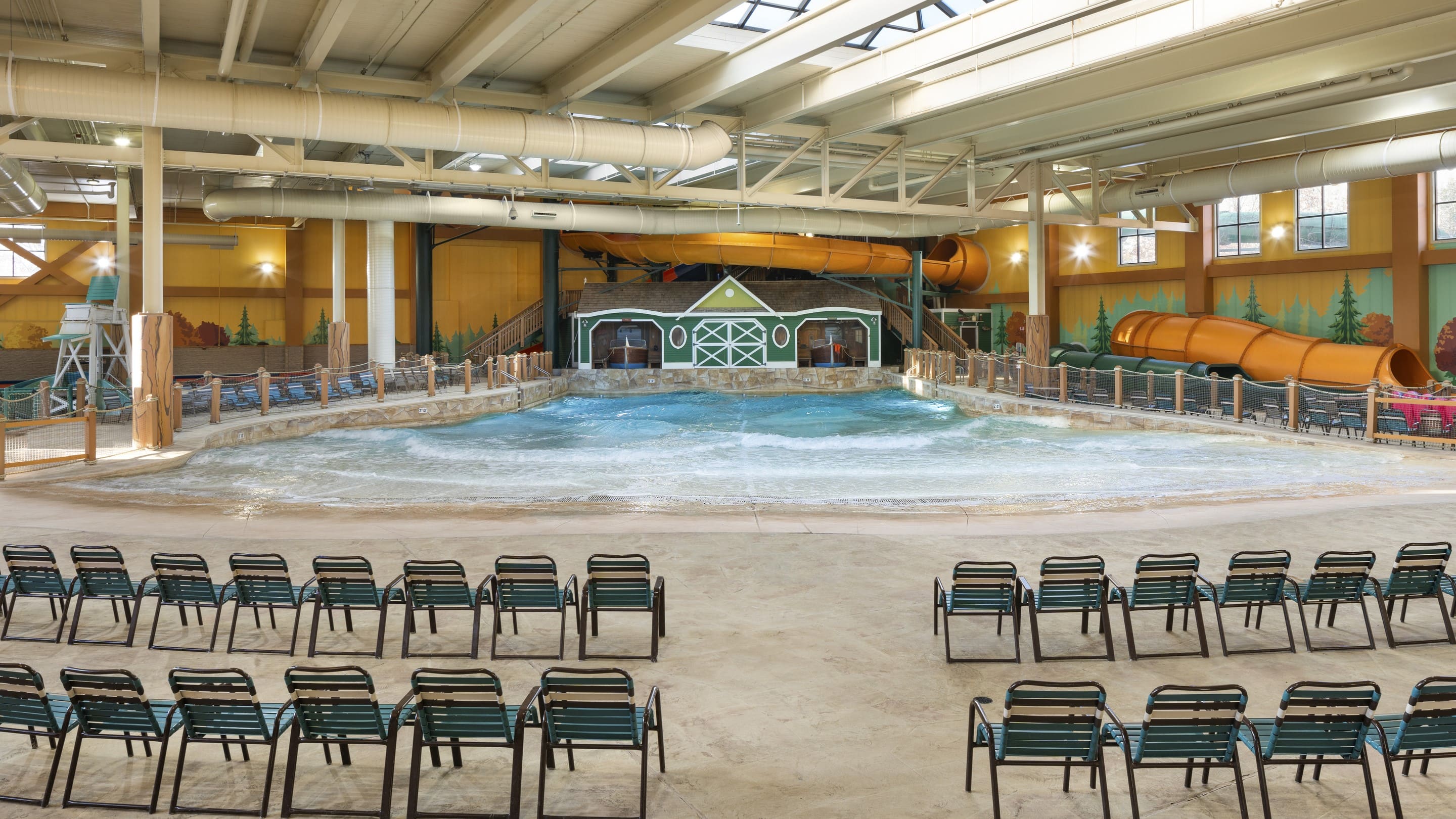 wide shot of the Slap Tail Pond wave pool and seating area