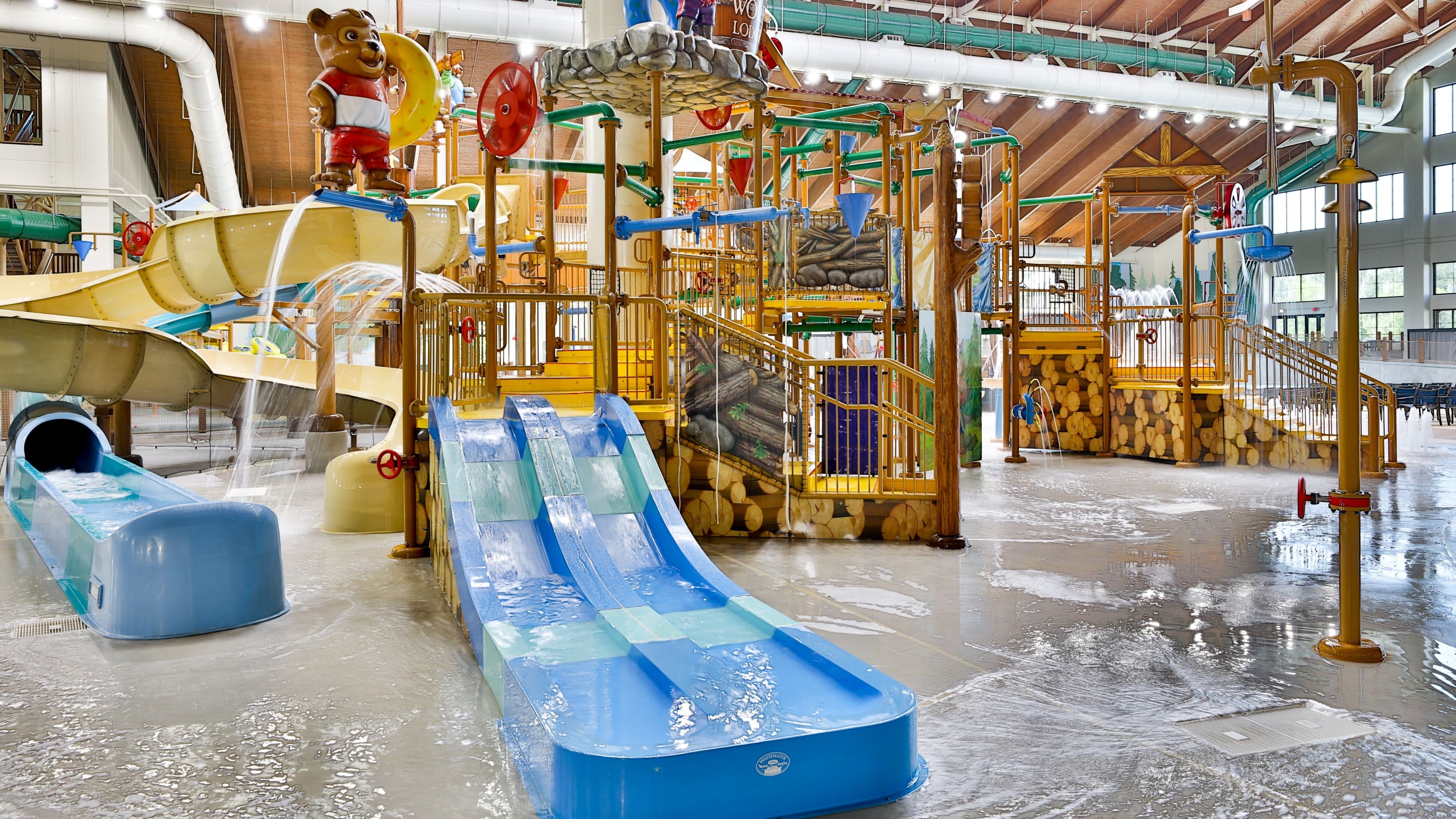 colorful slides in a vibrant indoor waterpark